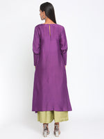 Thumbnail for trueBrowns Silk Purple Gathered Sleeve Flared Kurta Palazzo Set - Distacart