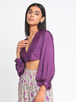 Thumbnail for trueBrowns Silk Purple Gathered Sleeve Blouse - Distacart