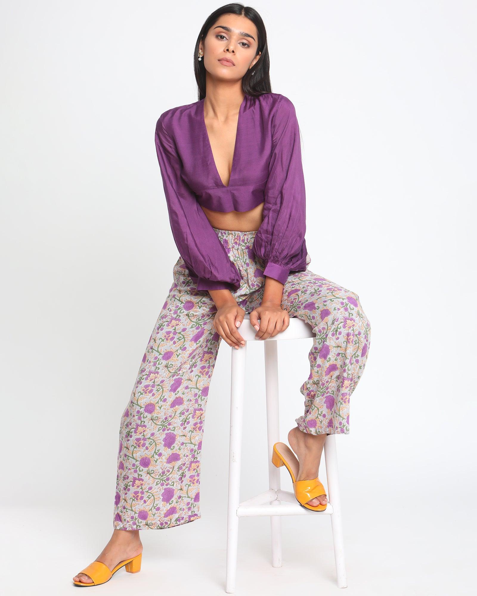 trueBrowns Silk Purple Gathered Sleeve Blouse - Distacart