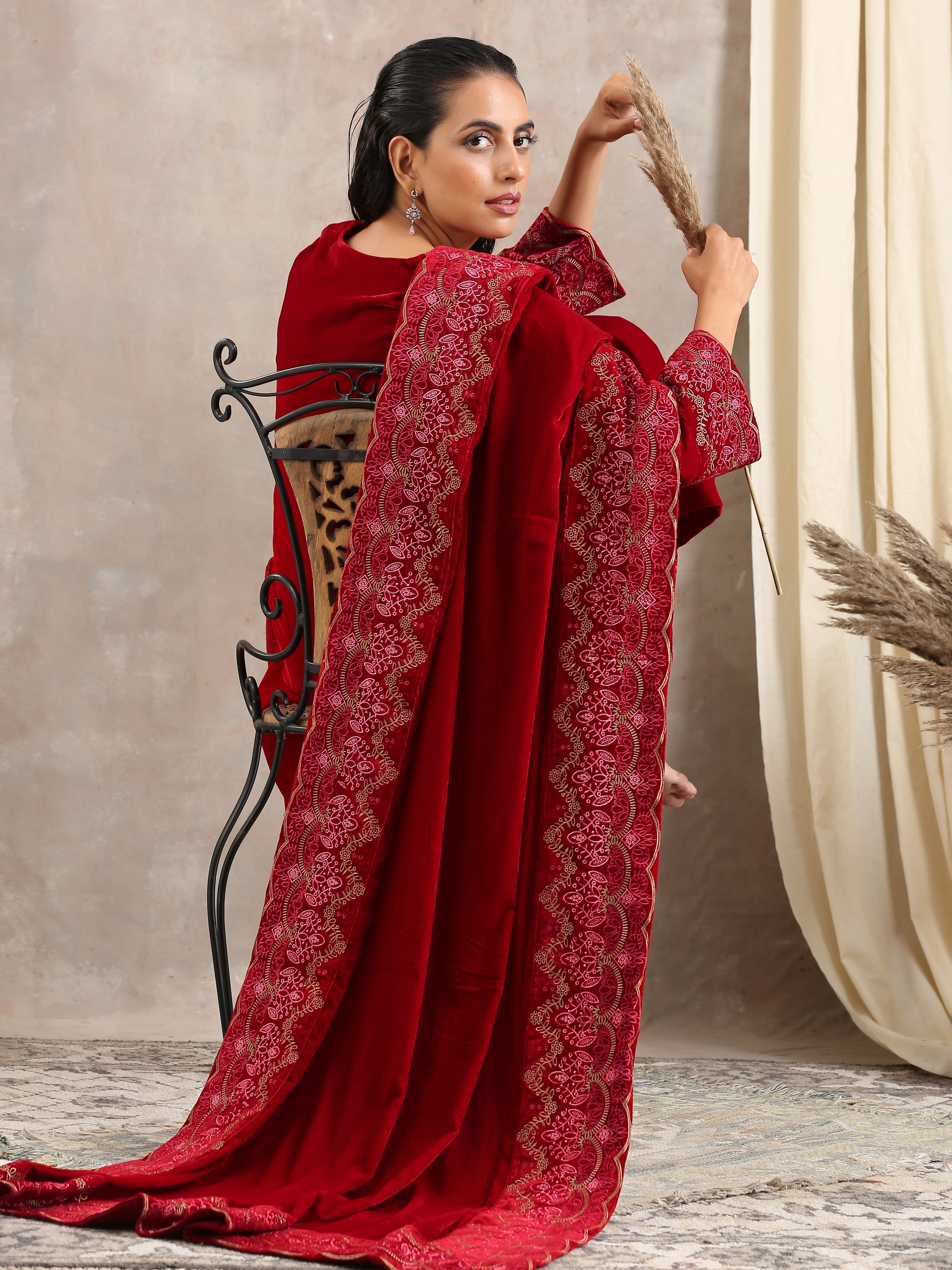 trueBrowns Red Velvet Embroidered Shawl - Distacart