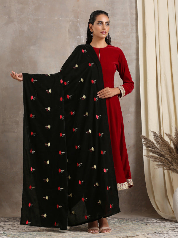 trueBrowns Black Velvet Silk Embroidered Lace Ready Pleated Saree - Distacart