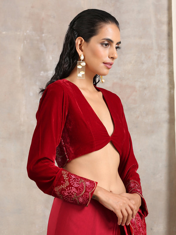 trueBrowns Red Velvet Embroidered Blouse - Distacart