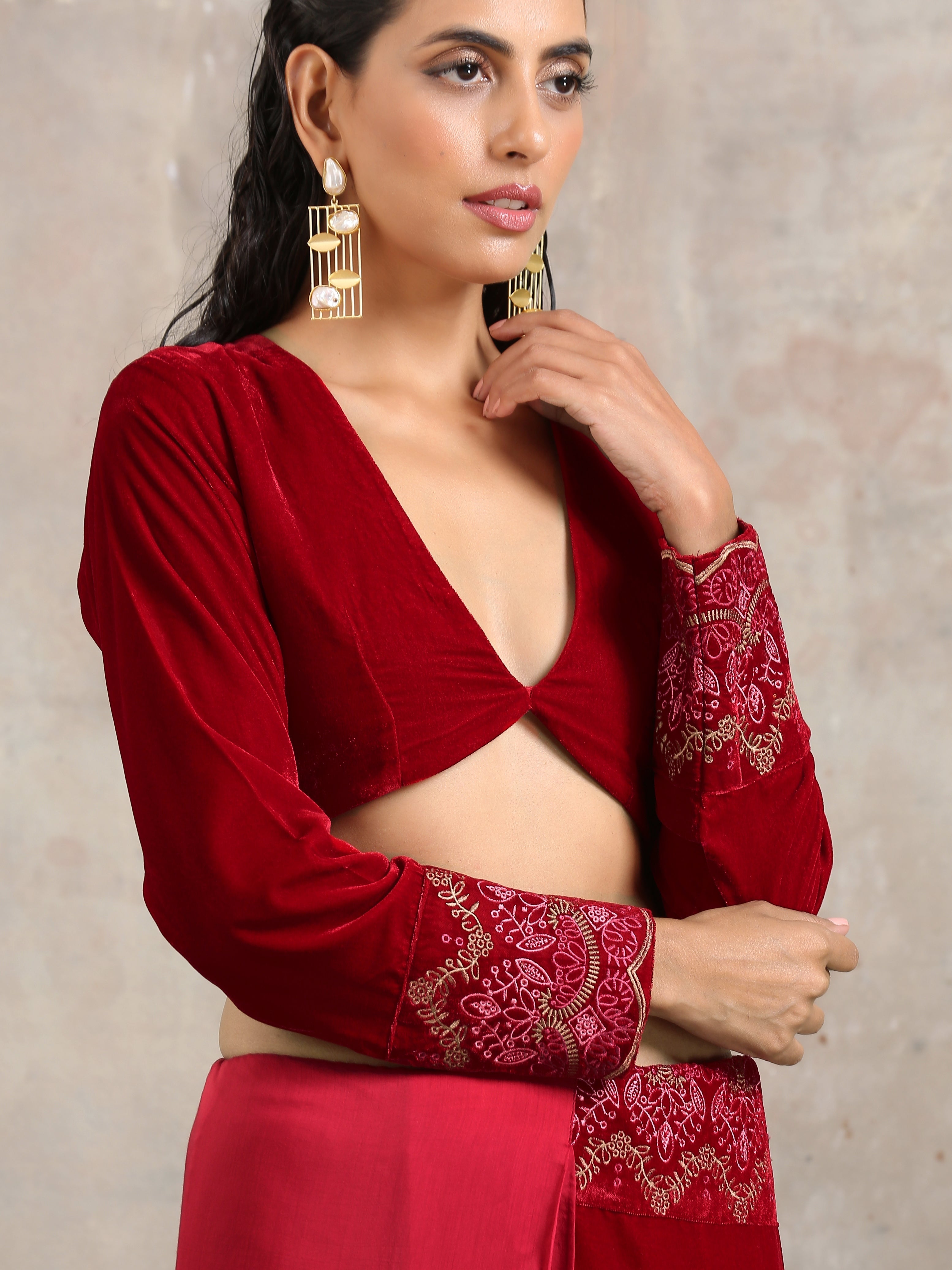 trueBrowns Red Velvet Embroidered Blouse - Distacart