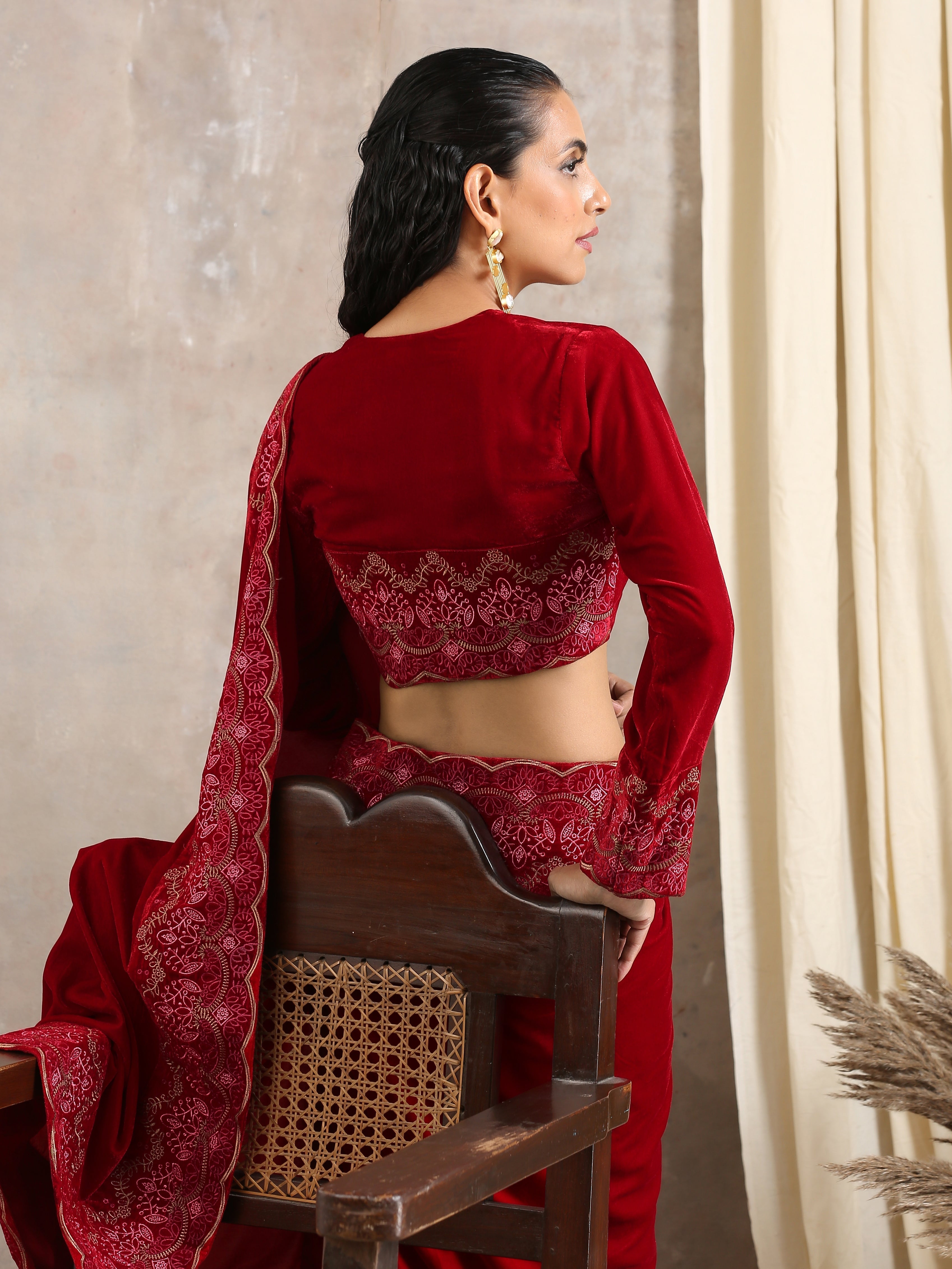 trueBrowns Red Velvet Embroidered Blouse - Distacart