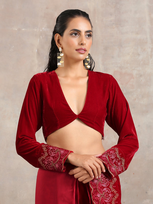 trueBrowns Red Velvet Embroidered Blouse - Distacart