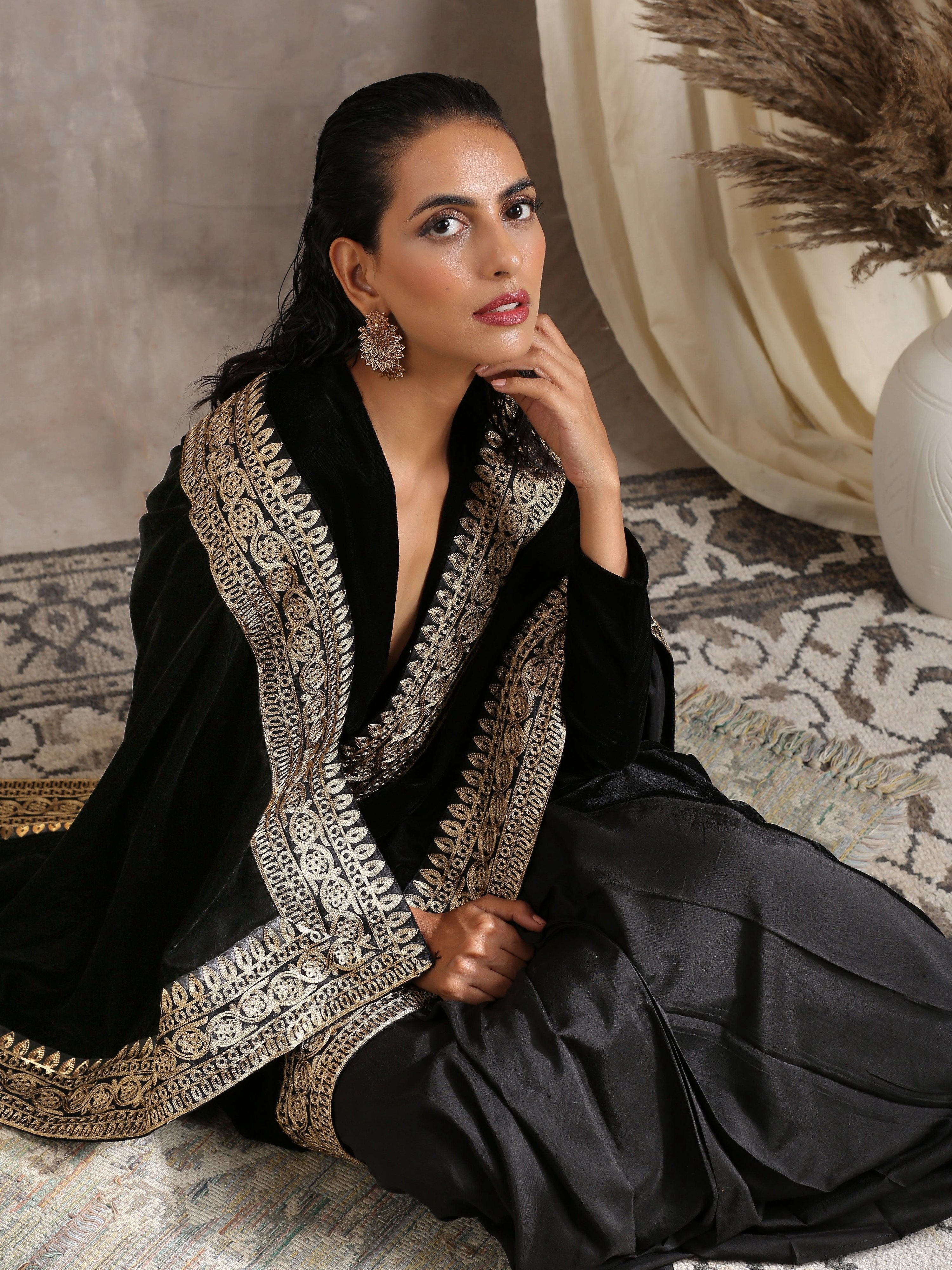 trueBrowns Velvet Silk Embroidered Ready Pleated Saree - Distacart