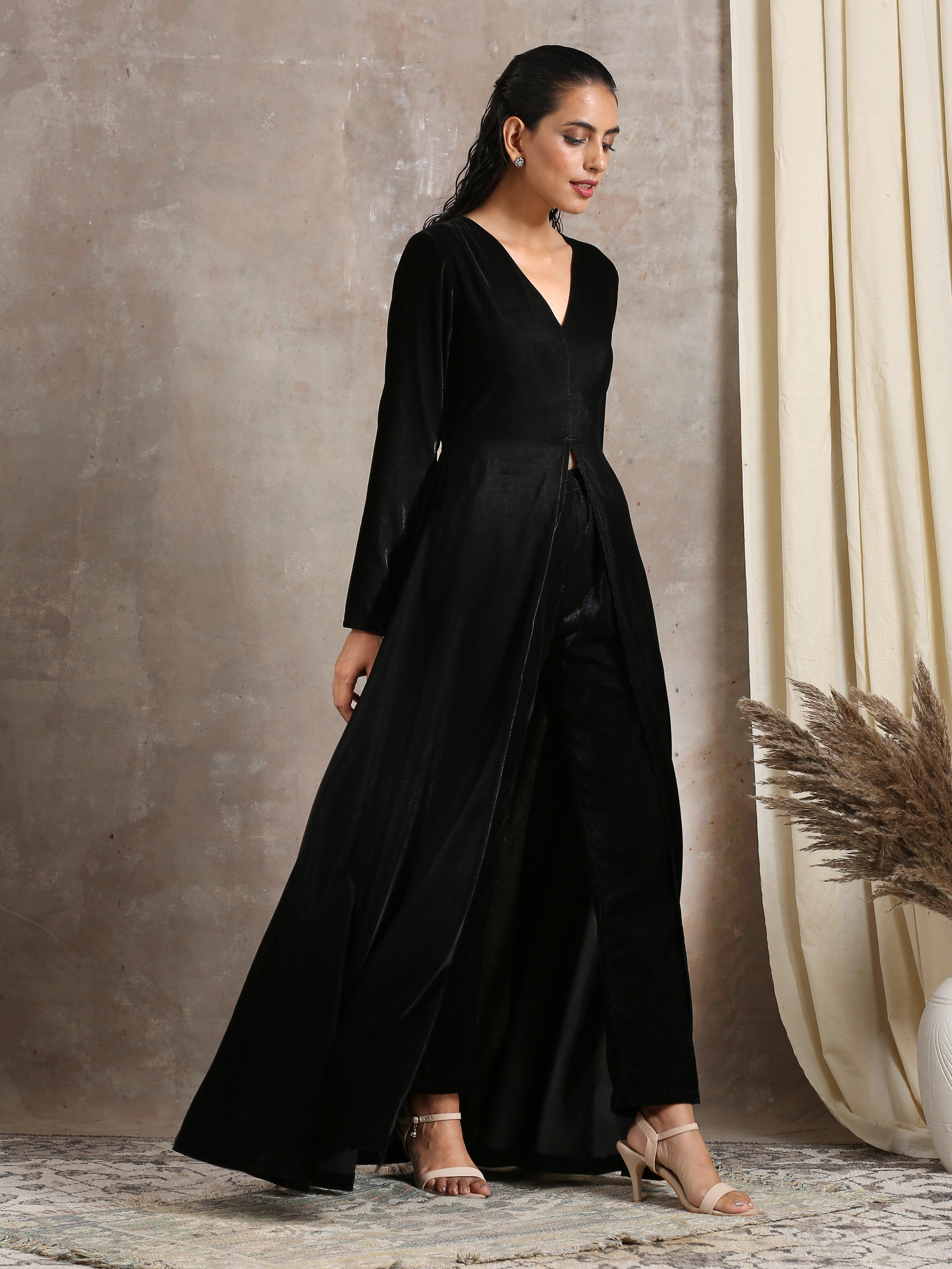 trueBrowns Black Velvet Front Slit Kurta - Distacart
