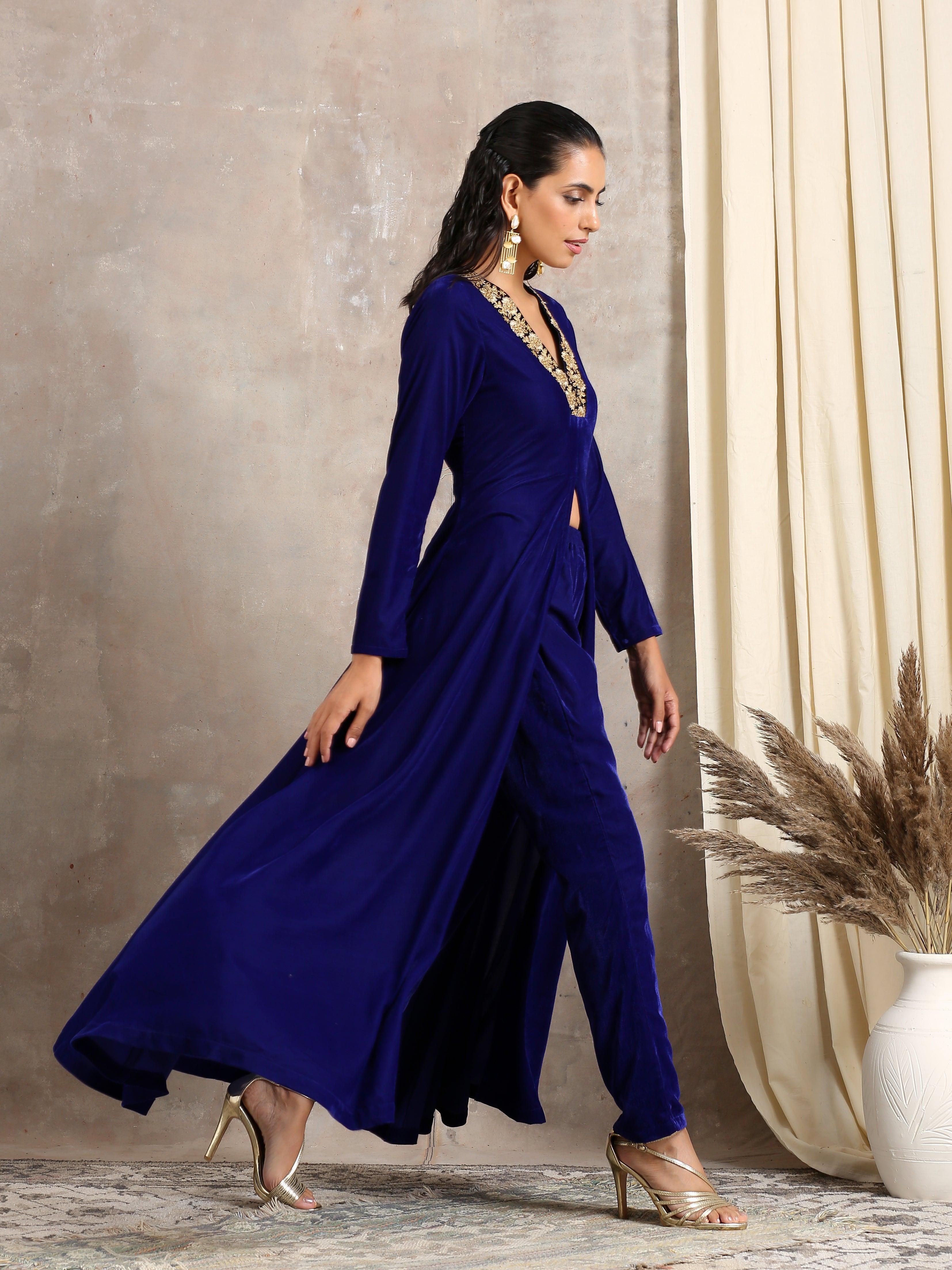 trueBrowns Blue Velvet Front Slit Kurta - Distacart