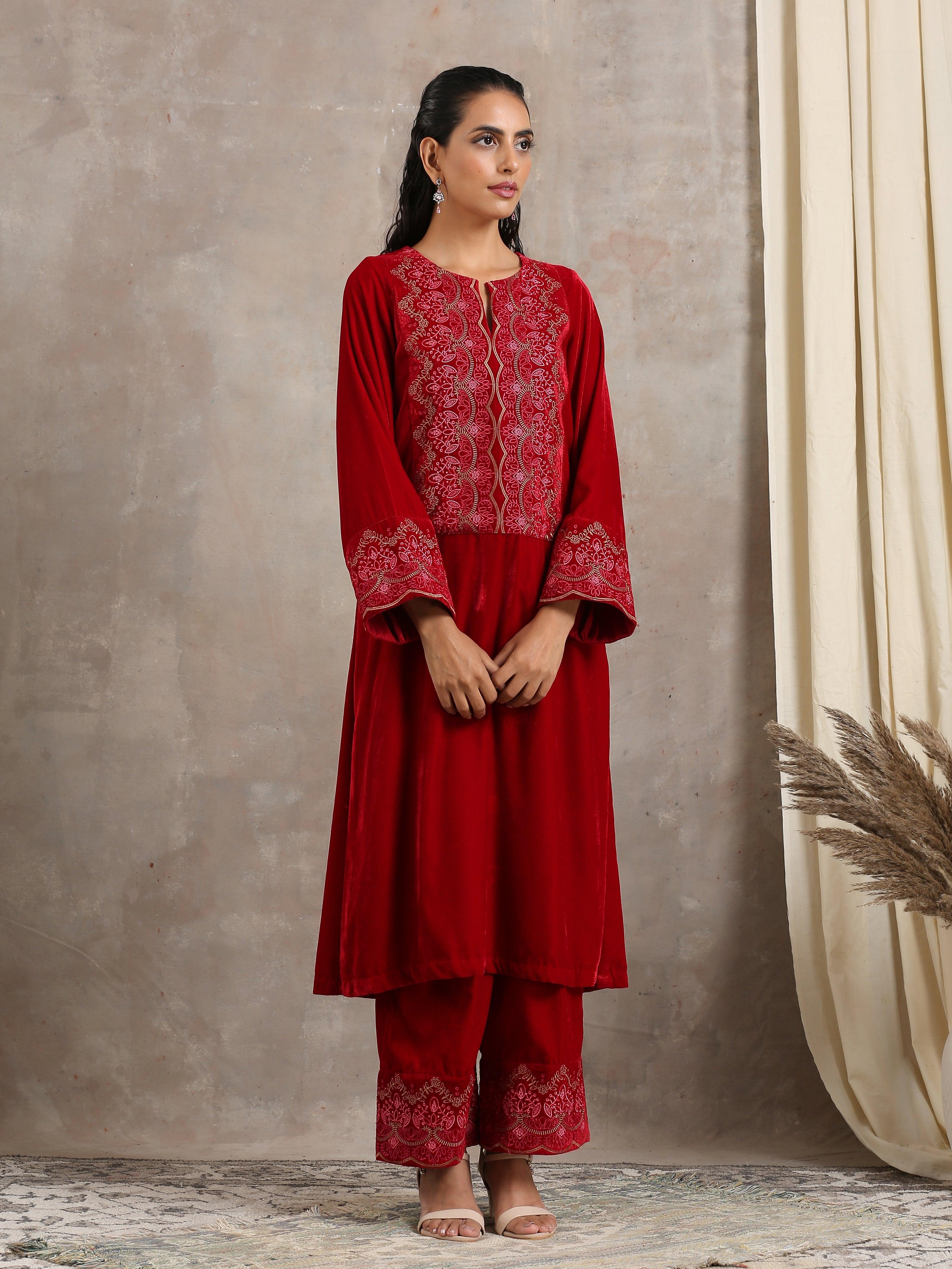trueBrowns Red Velvet Embroidered Slit Kurta - Distacart