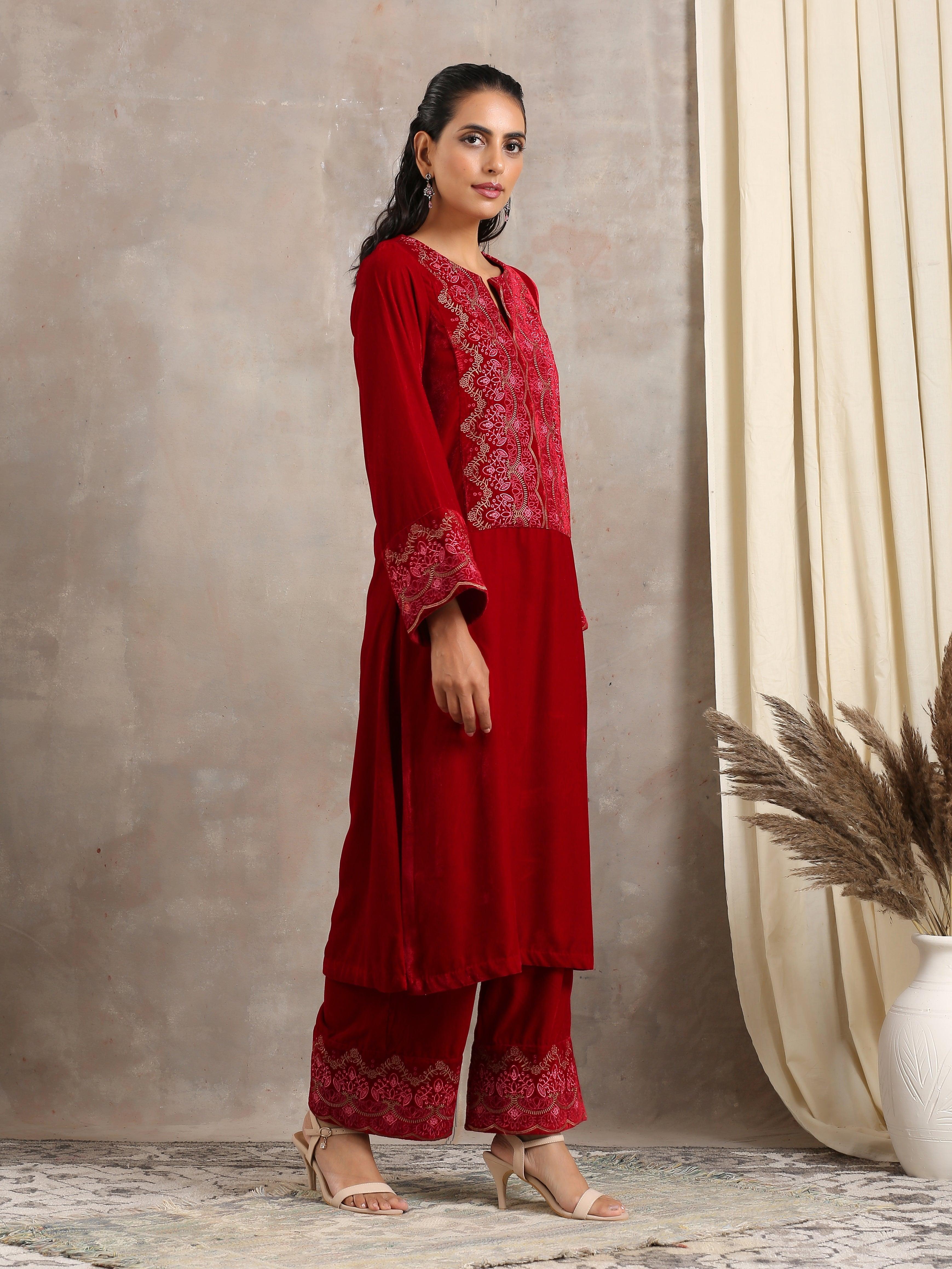 trueBrowns Red Velvet Embroidered Slit Kurta - Distacart