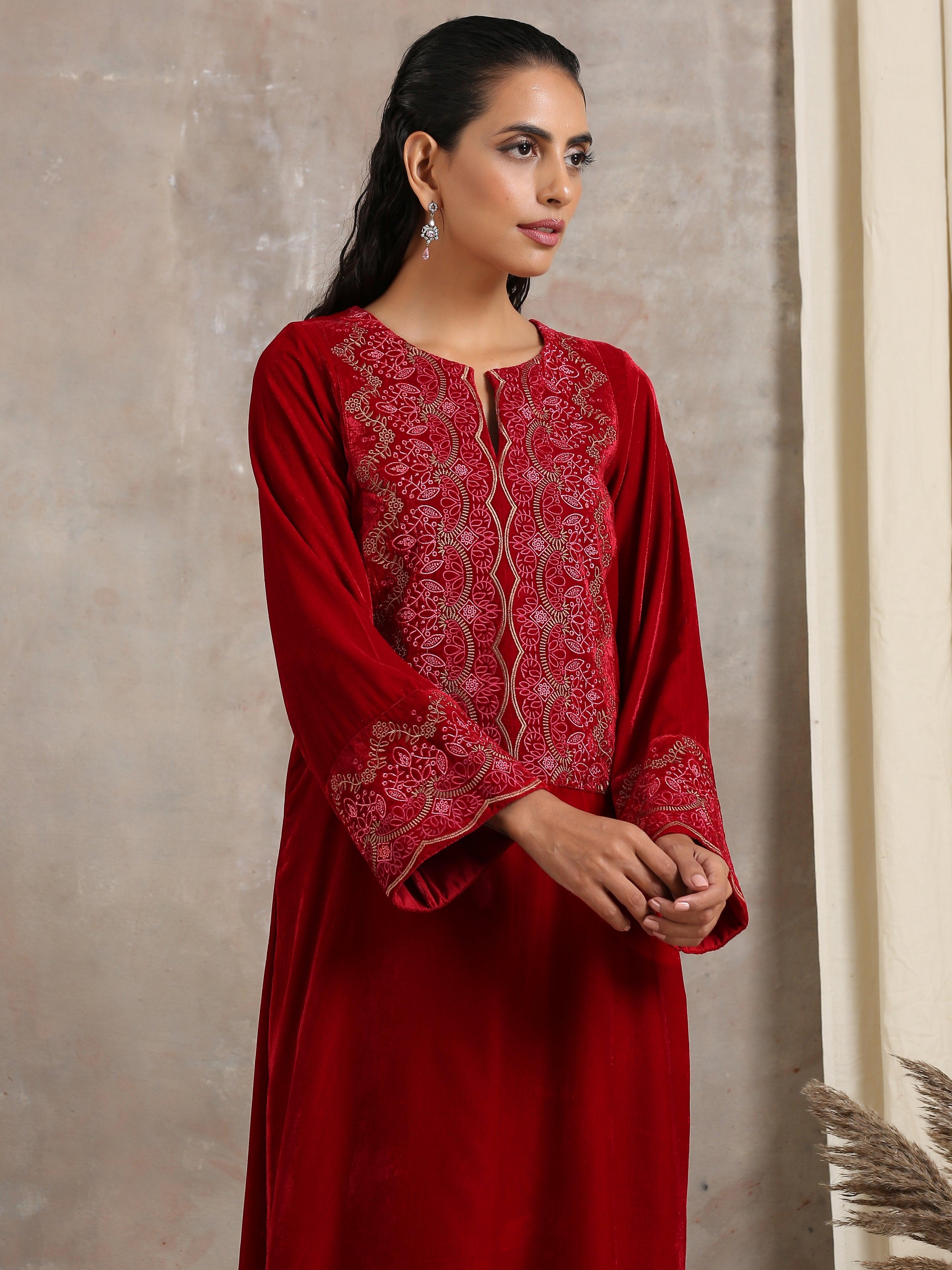 trueBrowns Red Velvet Embroidered Slit Kurta - Distacart