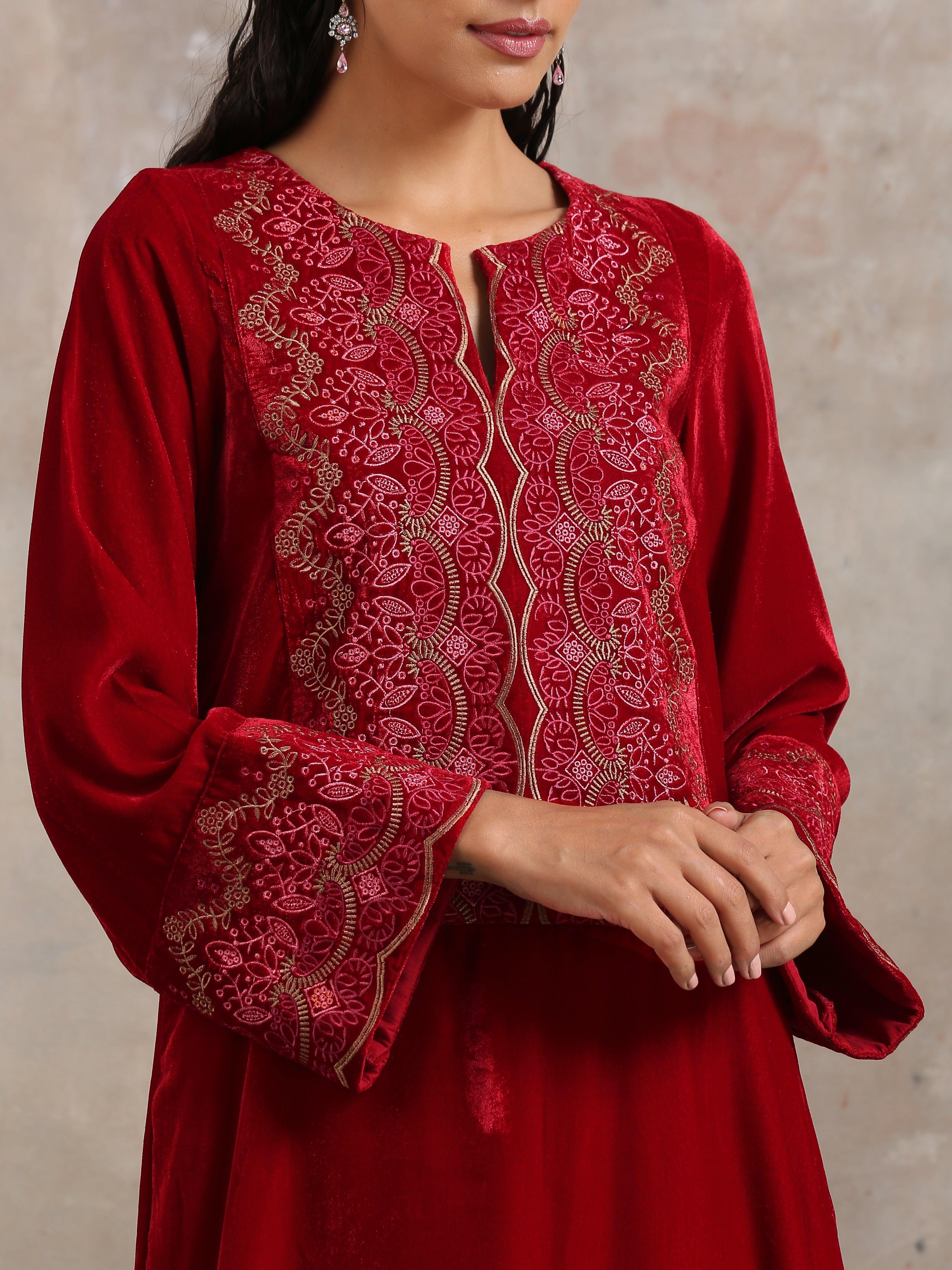 trueBrowns Red Velvet Embroidered Slit Kurta - Distacart