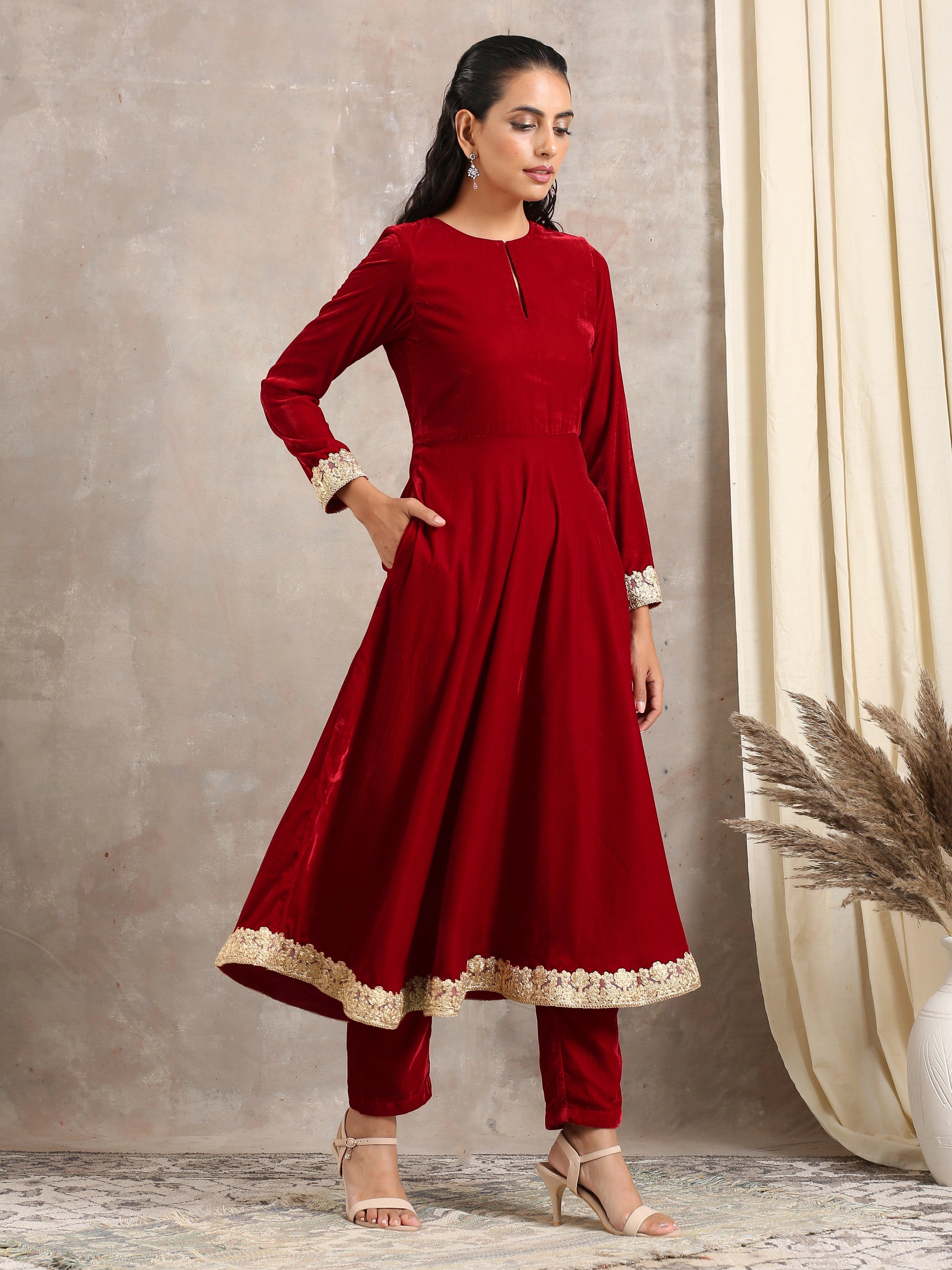 trueBrowns Red Velvet Flared Lace Kurta - Distacart