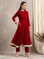 Thumbnail for trueBrowns Red Velvet Flared Lace Kurta - Distacart