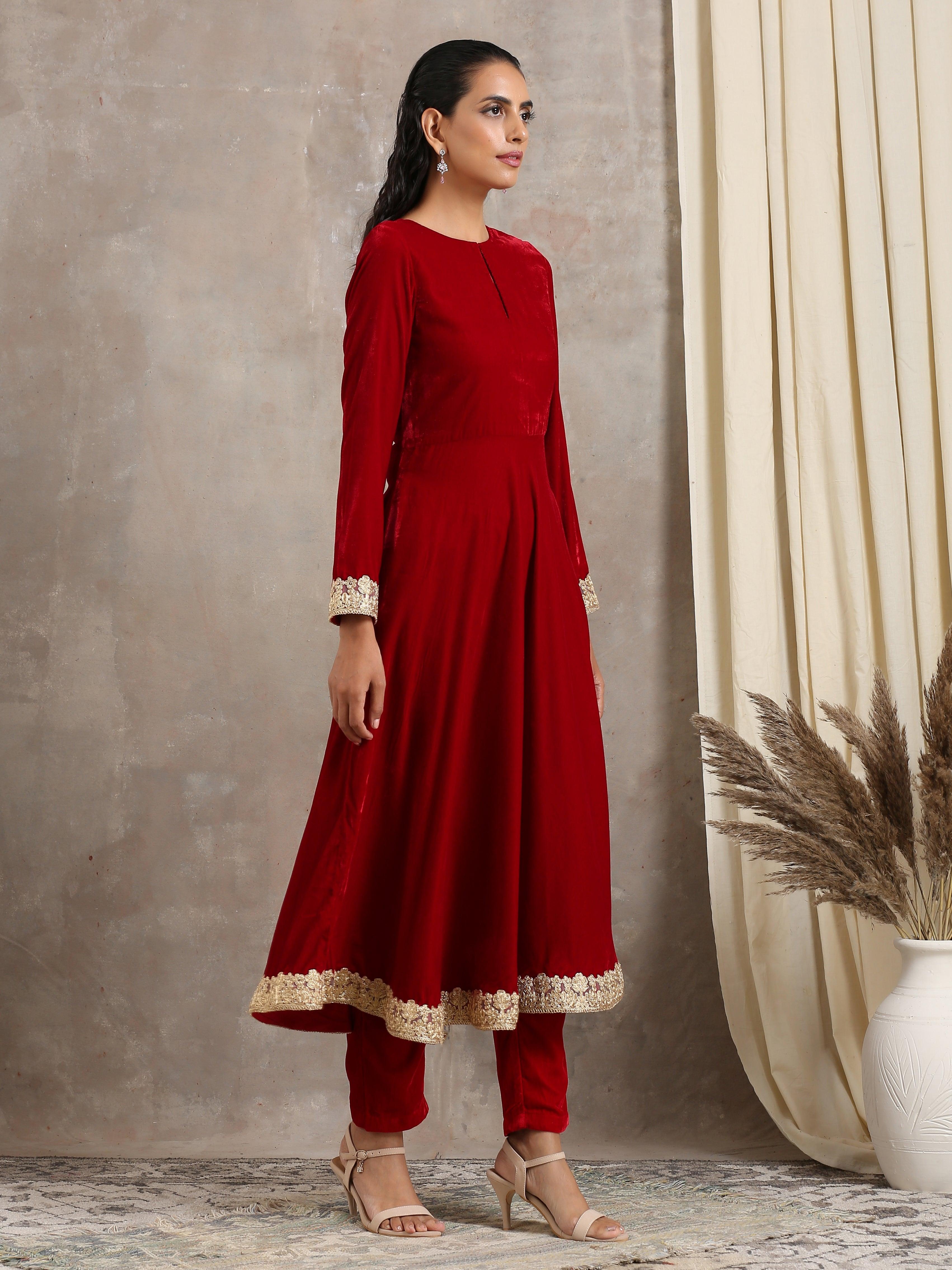 trueBrowns Red Velvet Flared Lace Kurta - Distacart