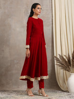 Thumbnail for trueBrowns Red Velvet Flared Lace Kurta - Distacart
