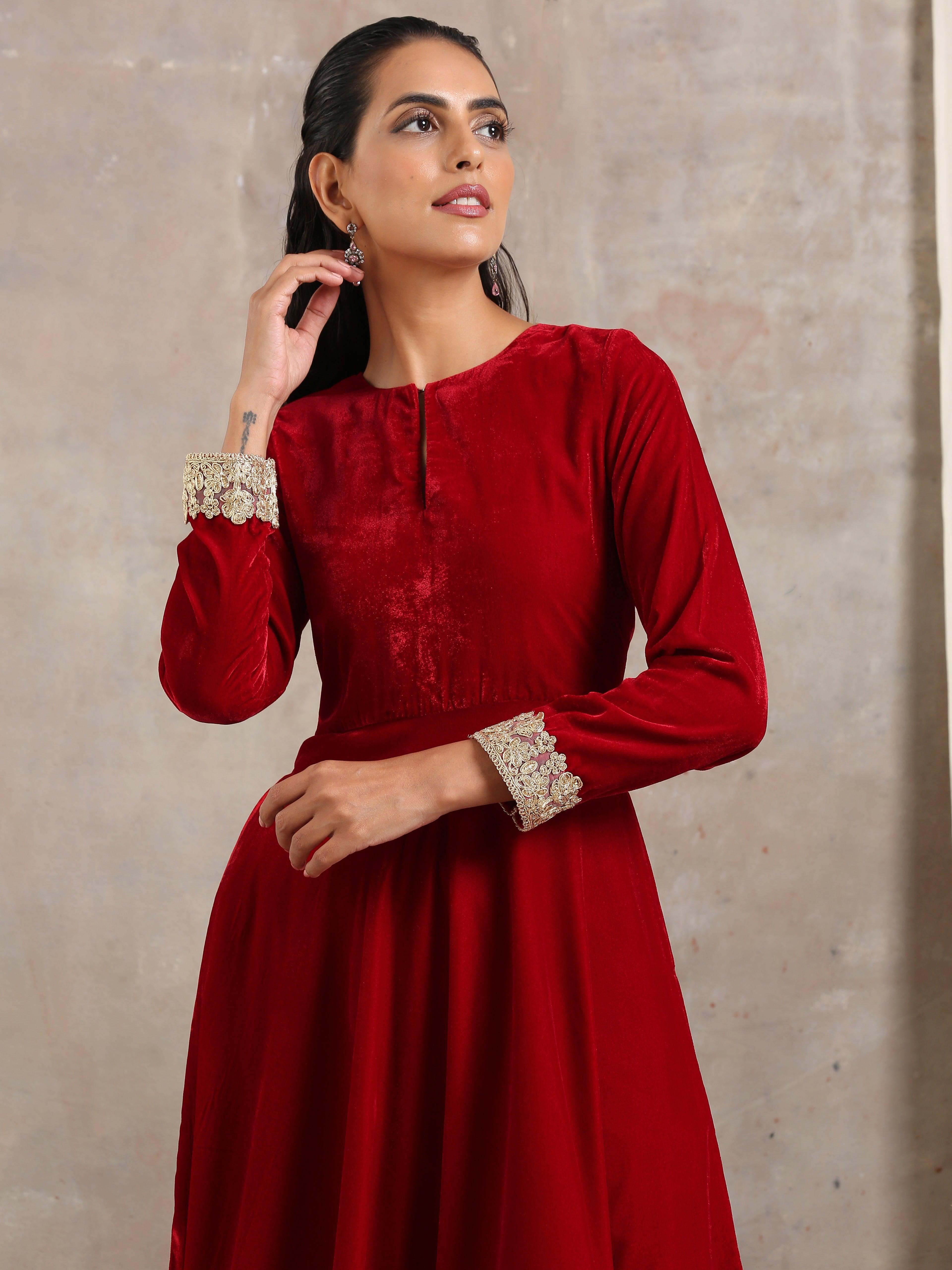 trueBrowns Red Velvet Flared Lace Kurta - Distacart