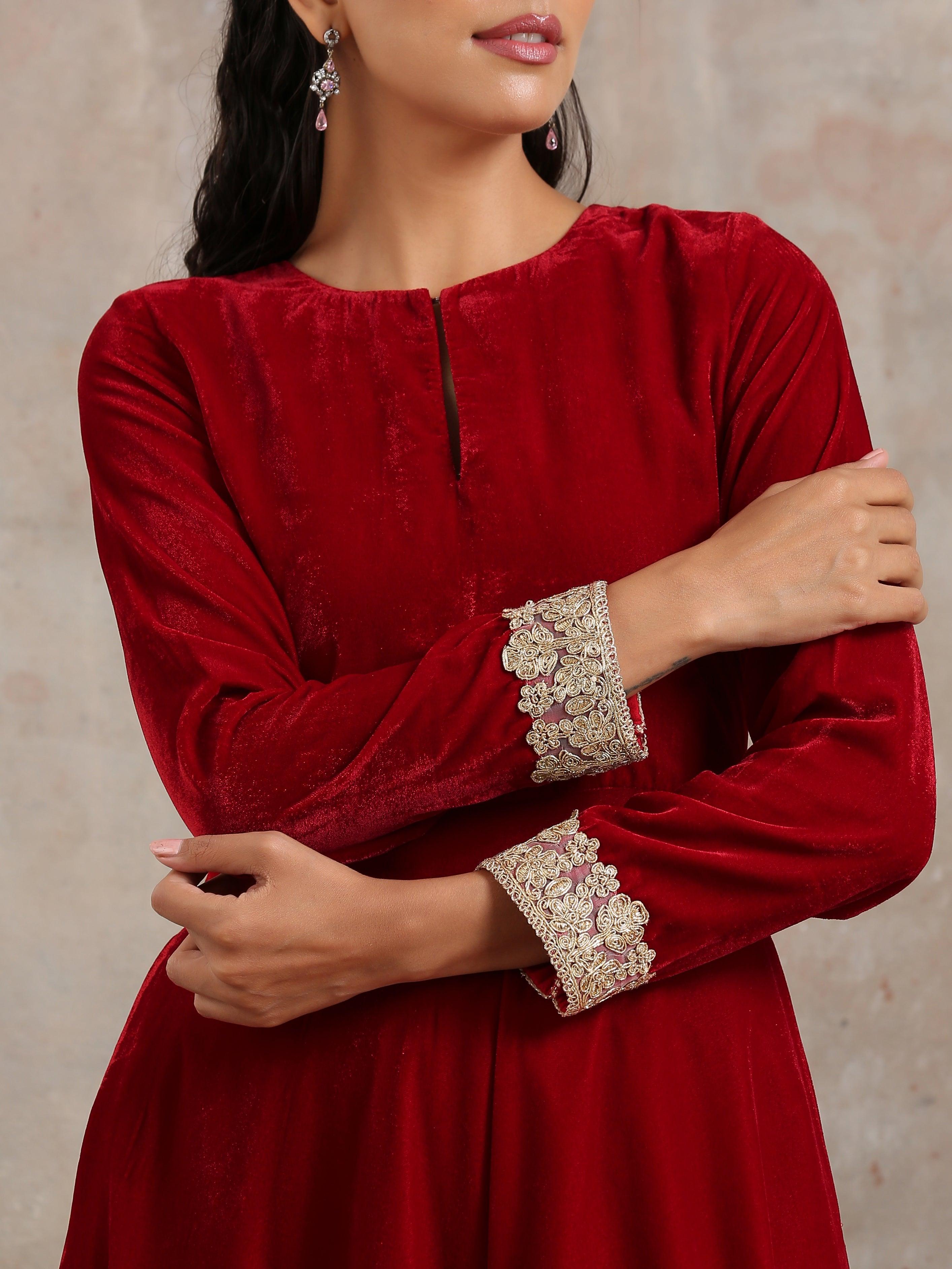 trueBrowns Red Velvet Flared Lace Kurta - Distacart