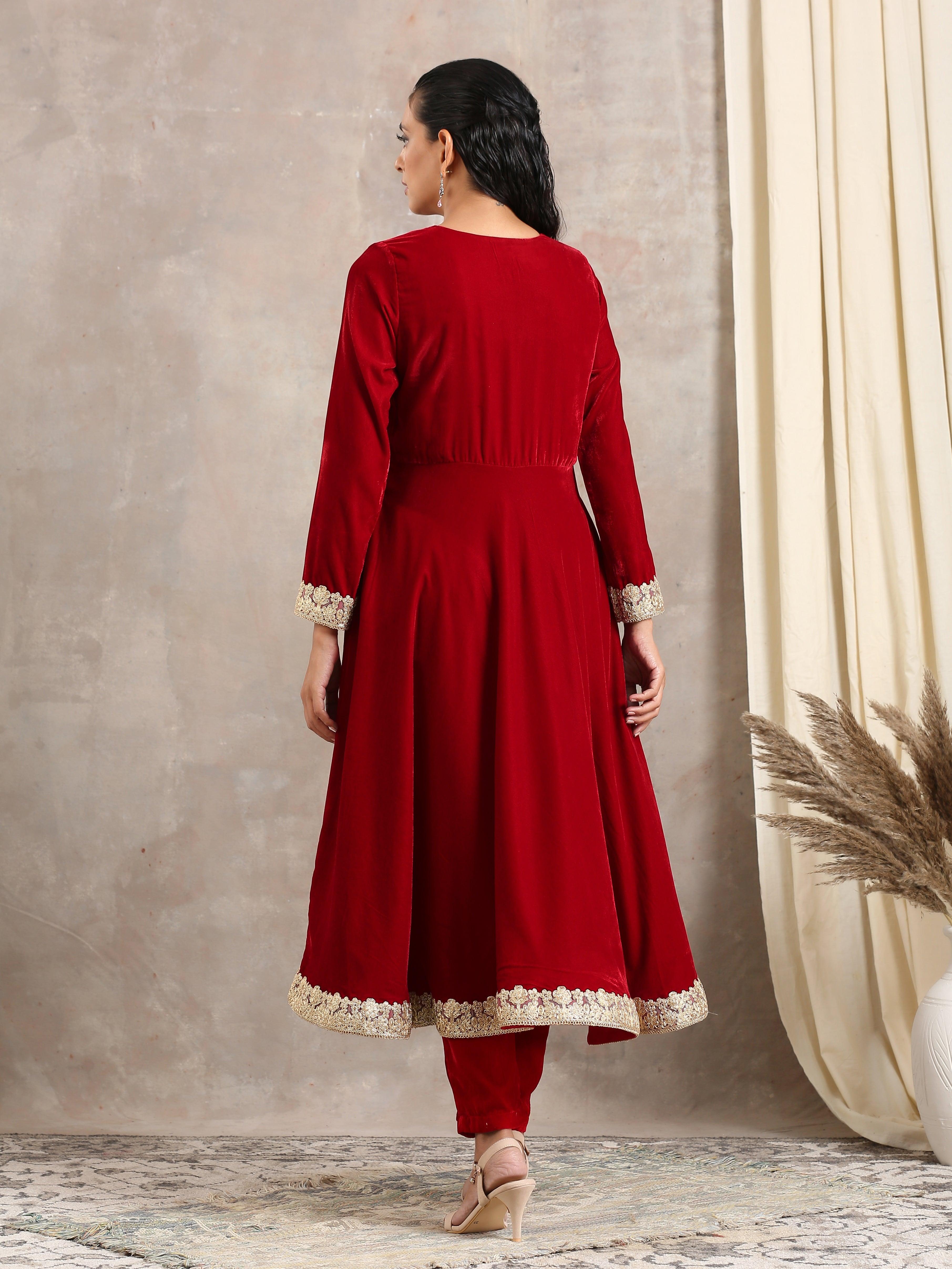 trueBrowns Red Velvet Flared Lace Kurta - Distacart