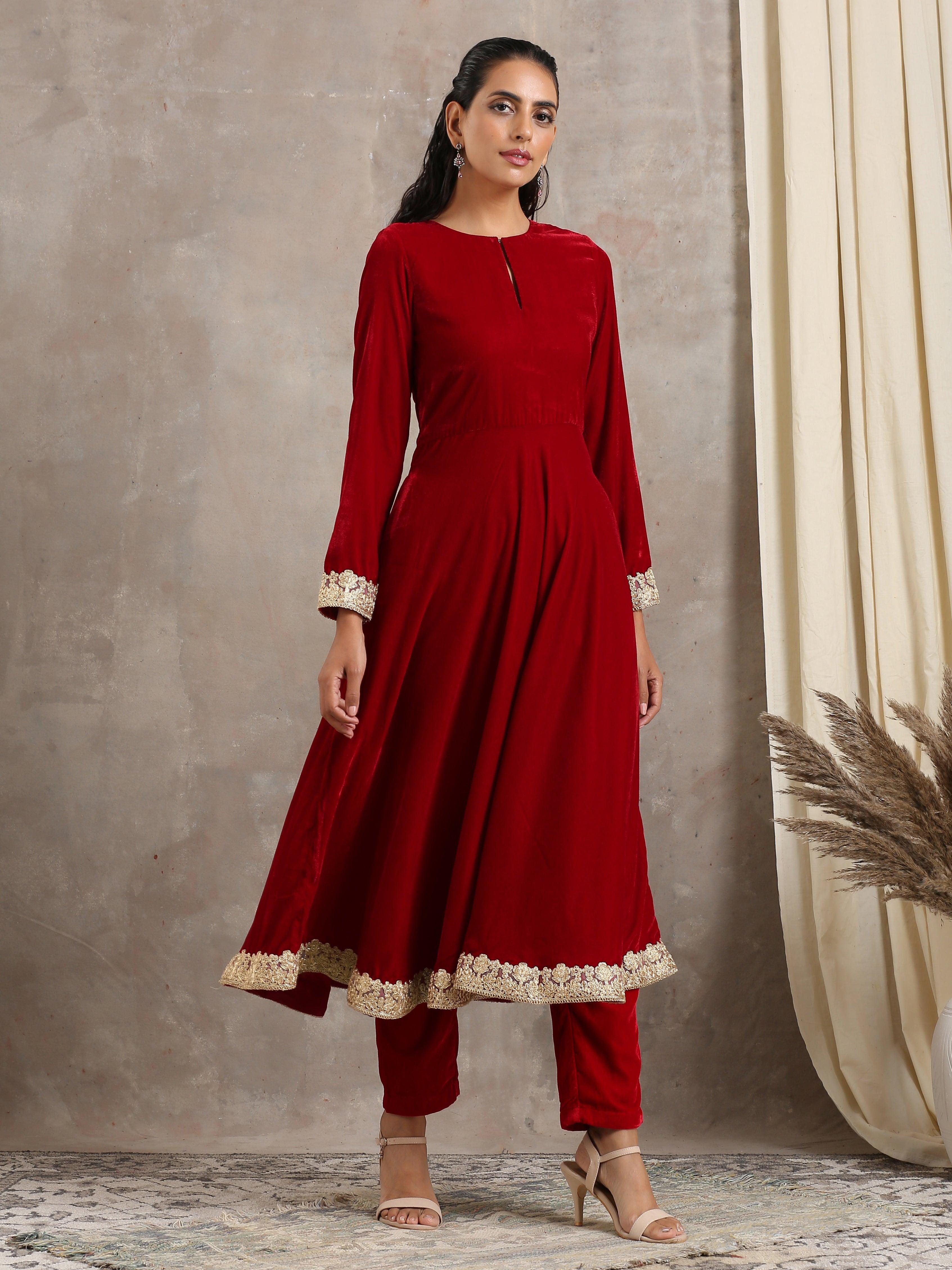 trueBrowns Red Velvet Flared Lace Kurta - Distacart
