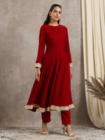 Thumbnail for trueBrowns Red Velvet Flared Lace Kurta - Distacart