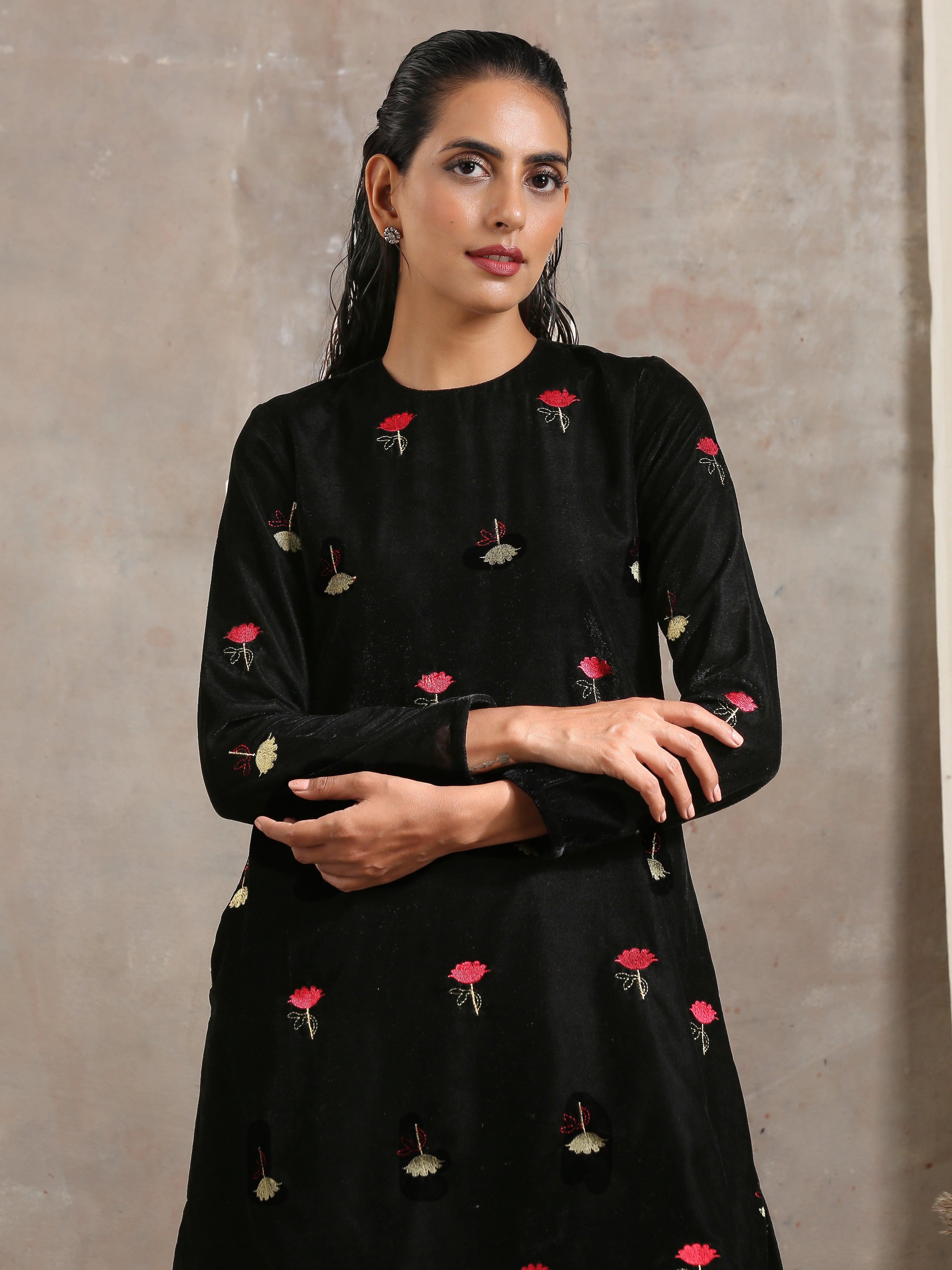 trueBrowns Black Velvet Embroidered Kurta Sharara Set - Distacart