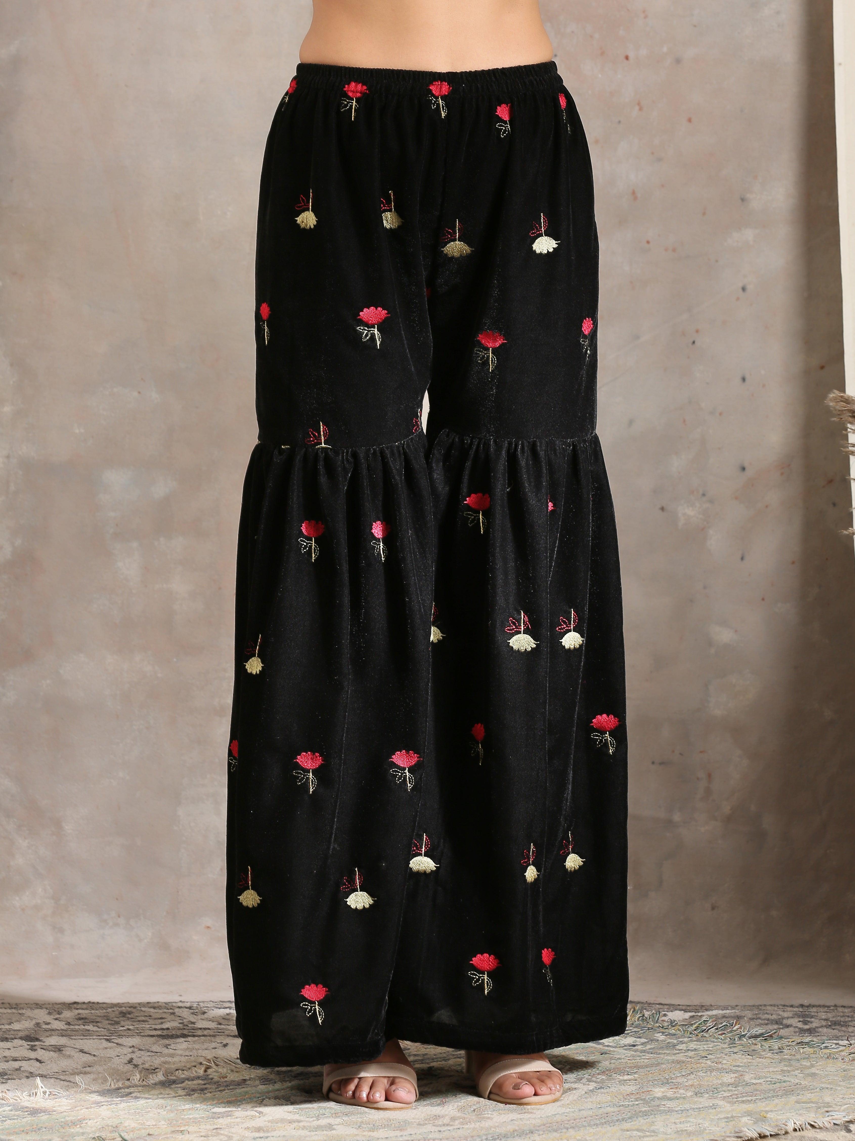 trueBrowns Black Velvet Embroidered Kurta Sharara Set - Distacart