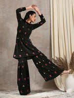 Thumbnail for trueBrowns Black Velvet Embroidered Kurta Sharara Set - Distacart