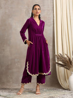 Thumbnail for trueBrowns Wine Velvet Lace Kurta Pant Set - Distacart