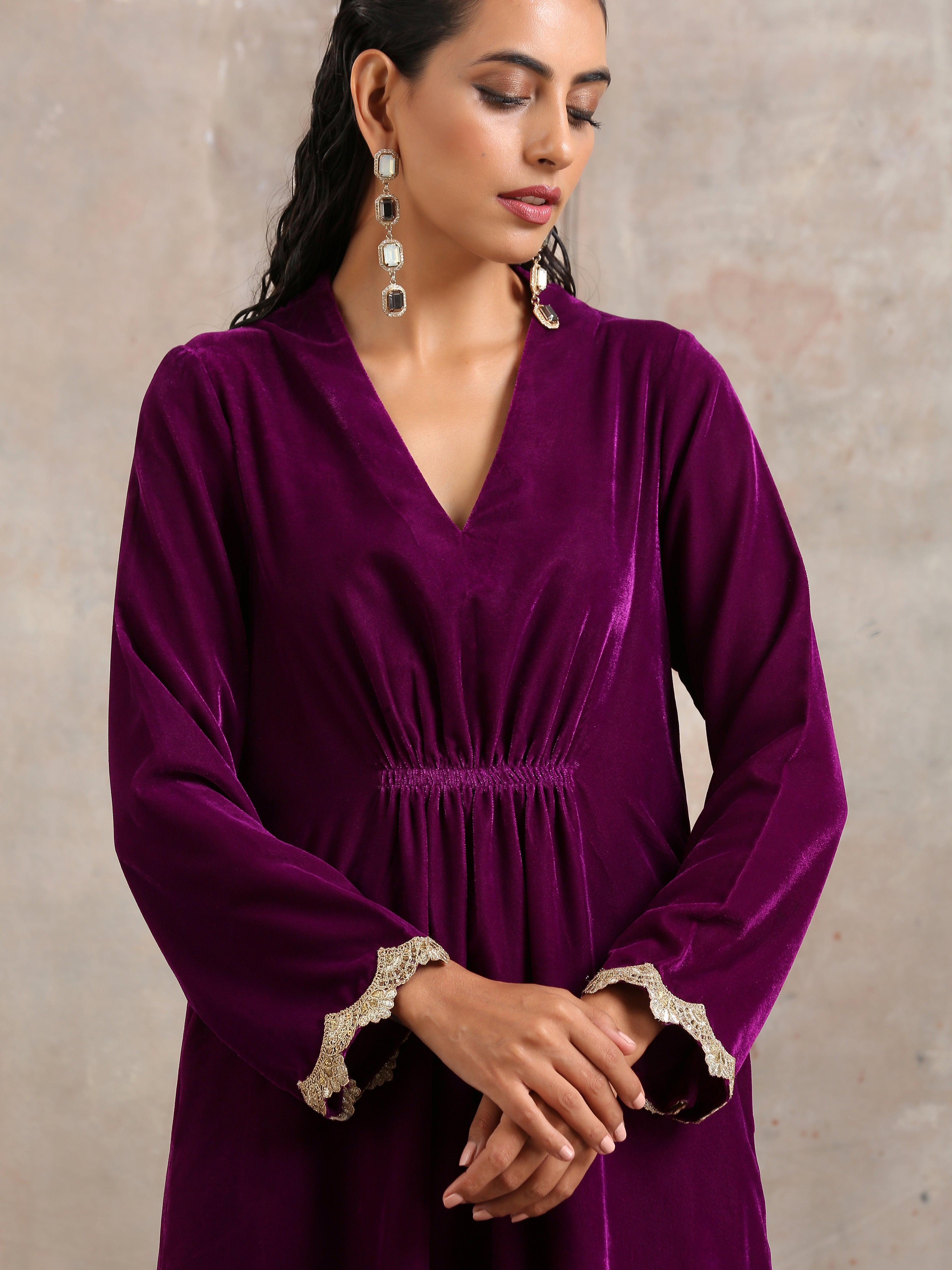 trueBrowns Wine Velvet Lace Kurta Pant Set - Distacart