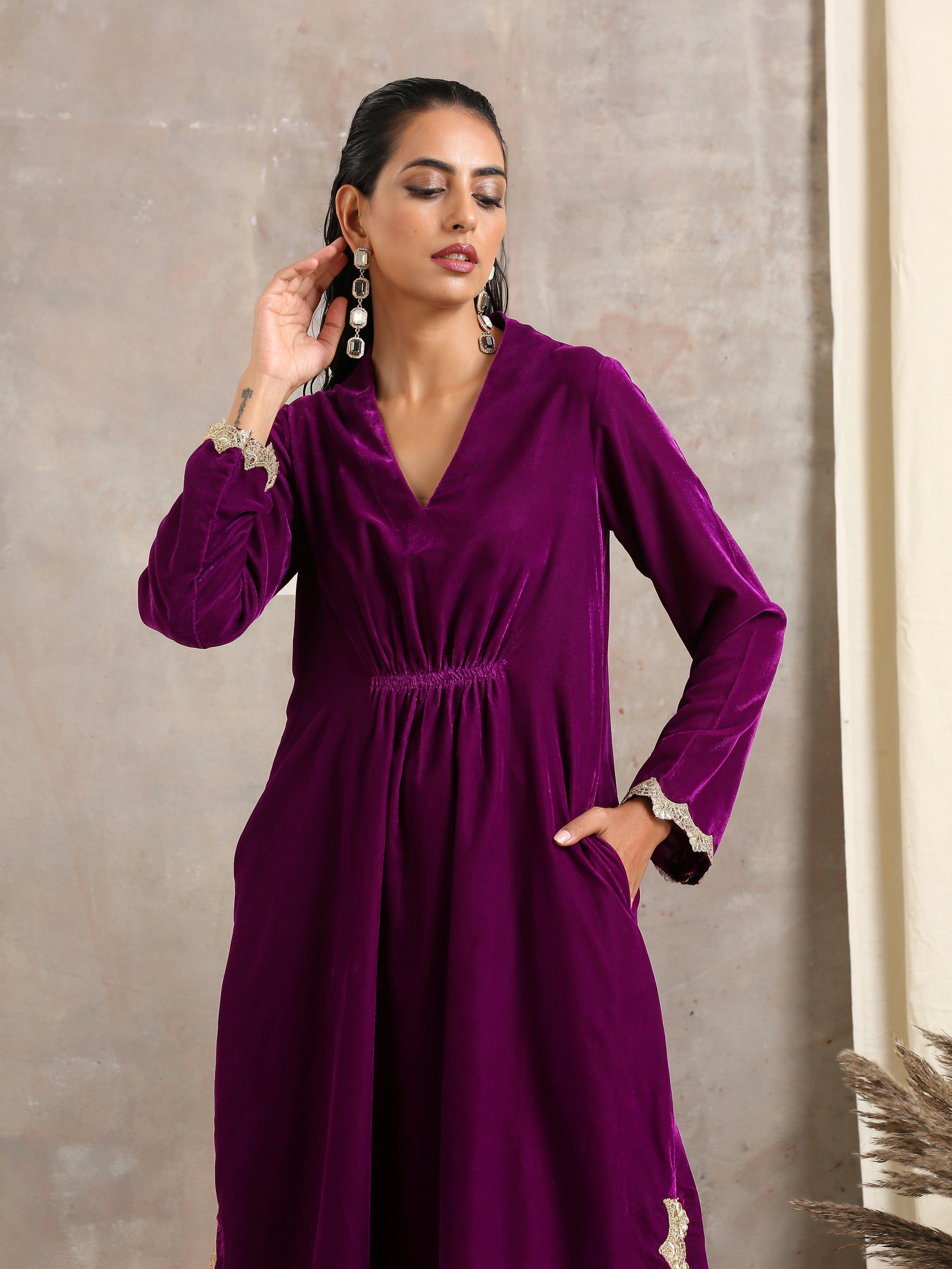 trueBrowns Wine Velvet Lace Kurta Pant Set - Distacart