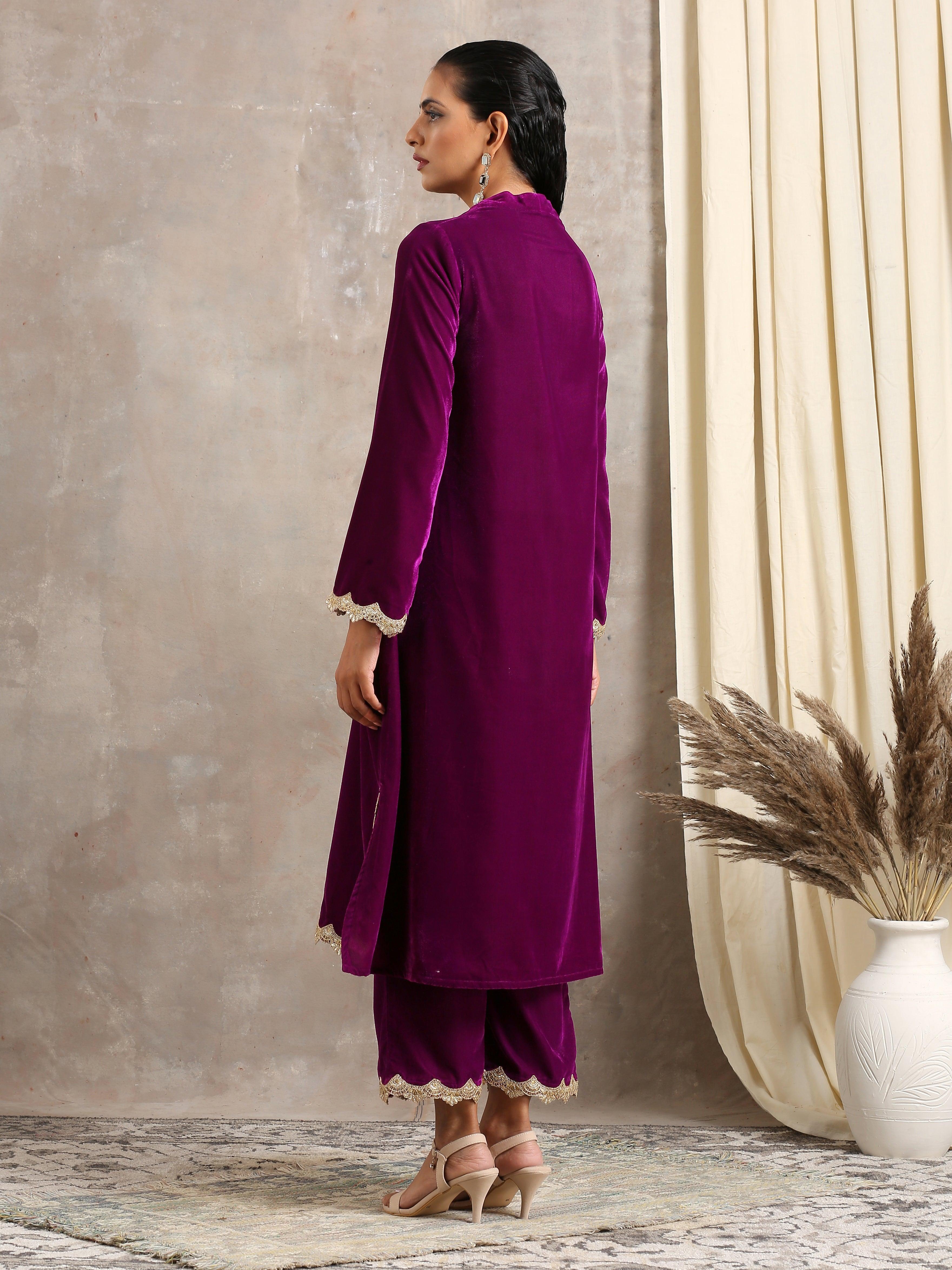 trueBrowns Wine Velvet Lace Kurta Pant Set - Distacart