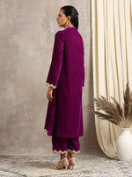 Thumbnail for trueBrowns Wine Velvet Lace Kurta Pant Set - Distacart