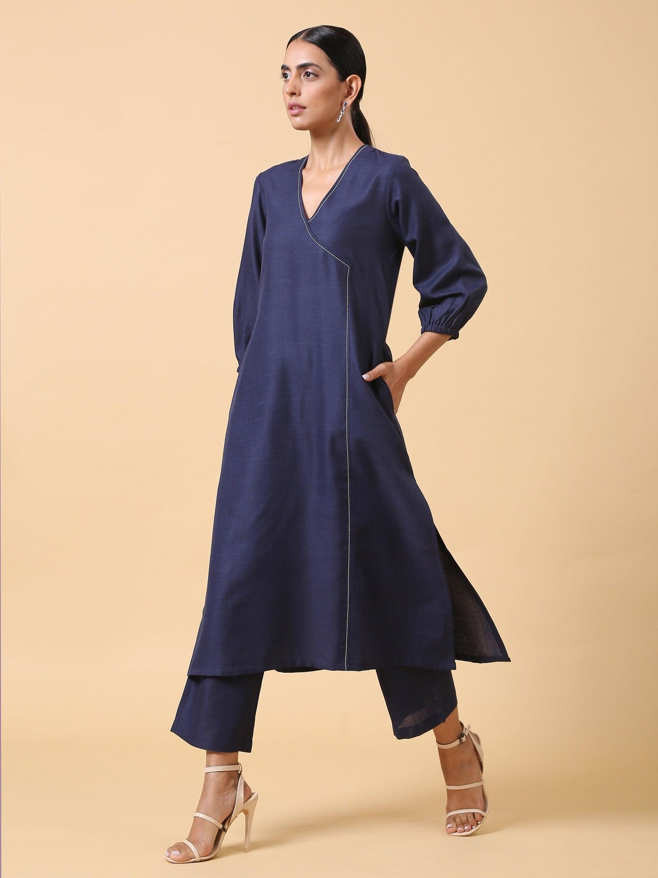 trueBrowns Cotton Linen Dark Blue Kurta Pant Set - Distacart