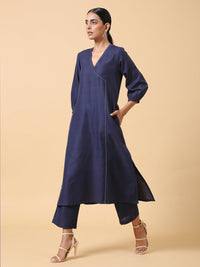 Thumbnail for trueBrowns Cotton Linen Dark Blue Kurta Pant Set - Distacart