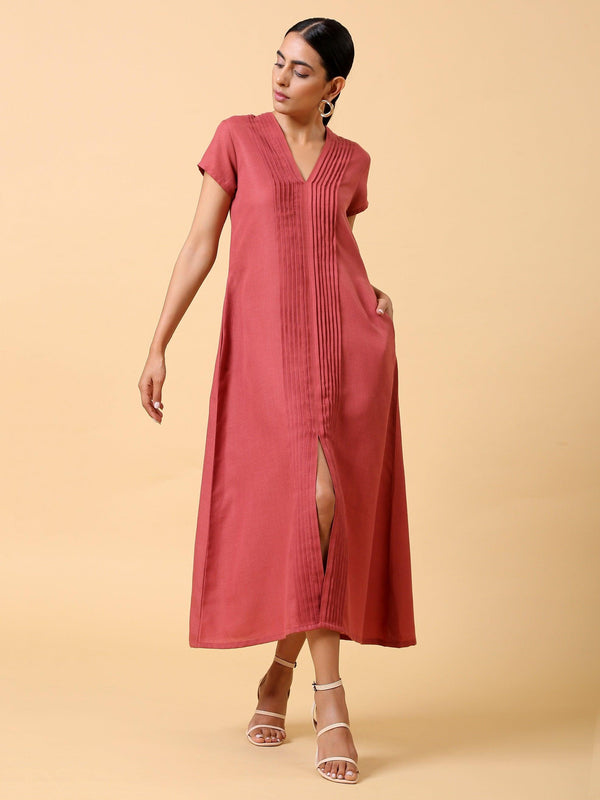 trueBrowns Cotton Linen Rust Red Pleated Dress - Distacart