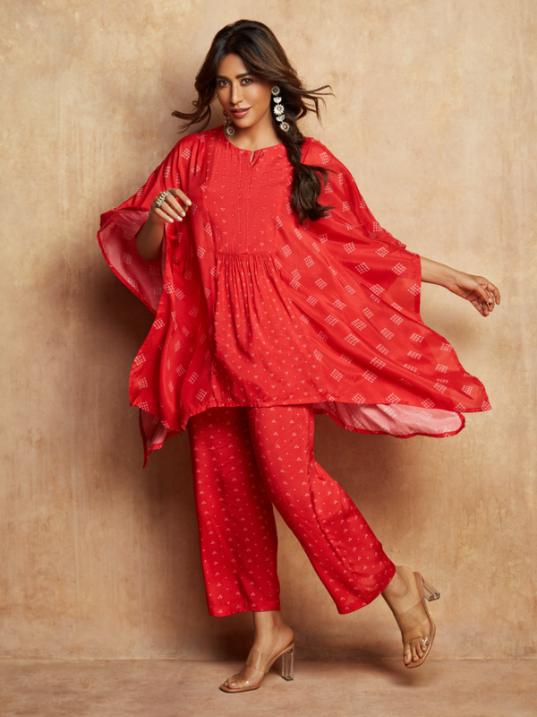 trueBrowns Red Bandhani Printed Silk Kaftan Gathered Co-Ord Set - Distacart