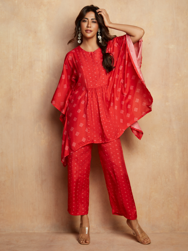 trueBrowns Red Bandhani Printed Silk Kaftan Gathered Co-Ord Set - Distacart