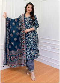 Thumbnail for NOZ2TOZ Women Party Wear Printed Rayon Kurta With Pant And Dupatta Set - Dark Blue
