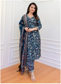 Thumbnail for NOZ2TOZ Women Party Wear Printed Rayon Kurta With Pant And Dupatta Set - Dark Blue