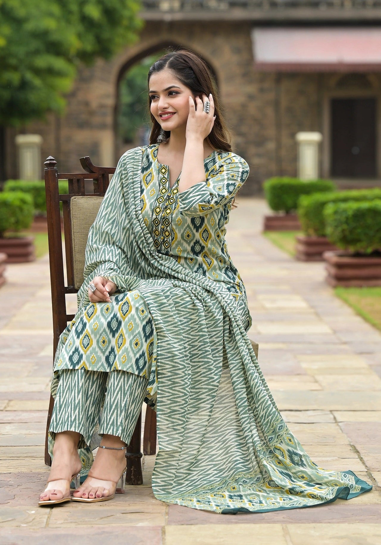 NOZ2TOZ Women Party Wear Printed Rayon Kurta With Pant And Dupatta Set - Mahendi Green