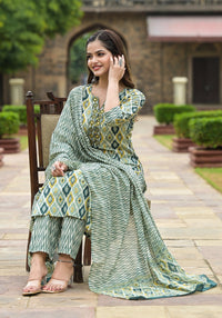 Thumbnail for NOZ2TOZ Women Party Wear Printed Rayon Kurta With Pant And Dupatta Set - Mahendi Green