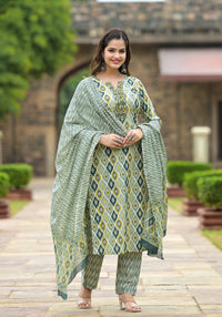 Thumbnail for NOZ2TOZ Women Party Wear Printed Rayon Kurta With Pant And Dupatta Set - Mahendi Green