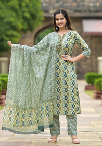 Thumbnail for NOZ2TOZ Women Party Wear Printed Rayon Kurta With Pant And Dupatta Set - Mahendi Green