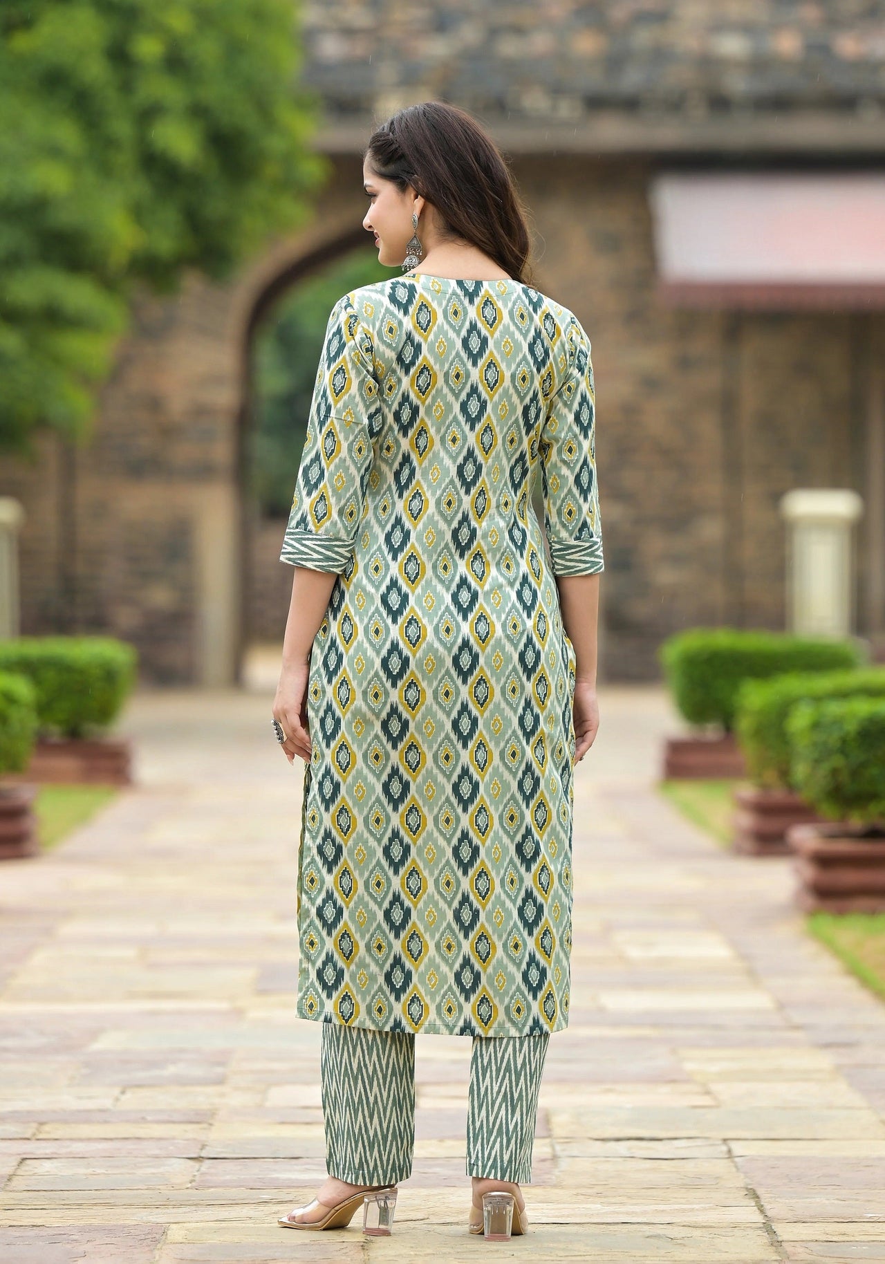 NOZ2TOZ Women Party Wear Printed Rayon Kurta With Pant And Dupatta Set - Mahendi Green