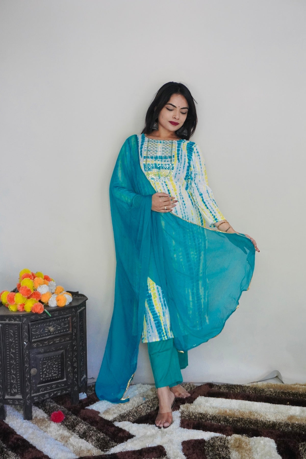 NOZ2TOZ Women Party Wear Printed Rayon Kurta With Pant And Dupatta Set - White & Rama