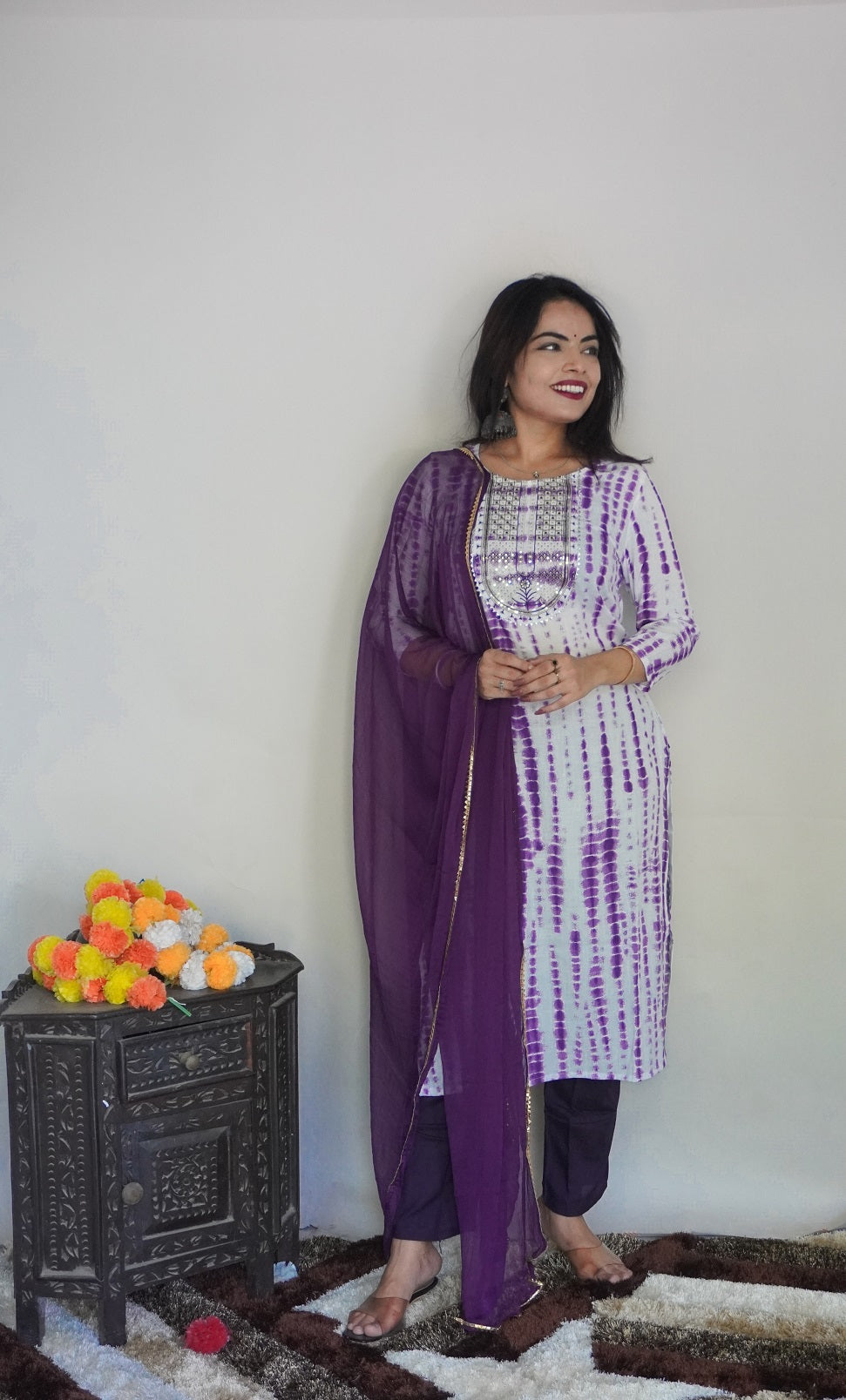 NOZ2TOZ Women Party Wear Printed Rayon Kurta With Pant And Dupatta Set - White & Purple