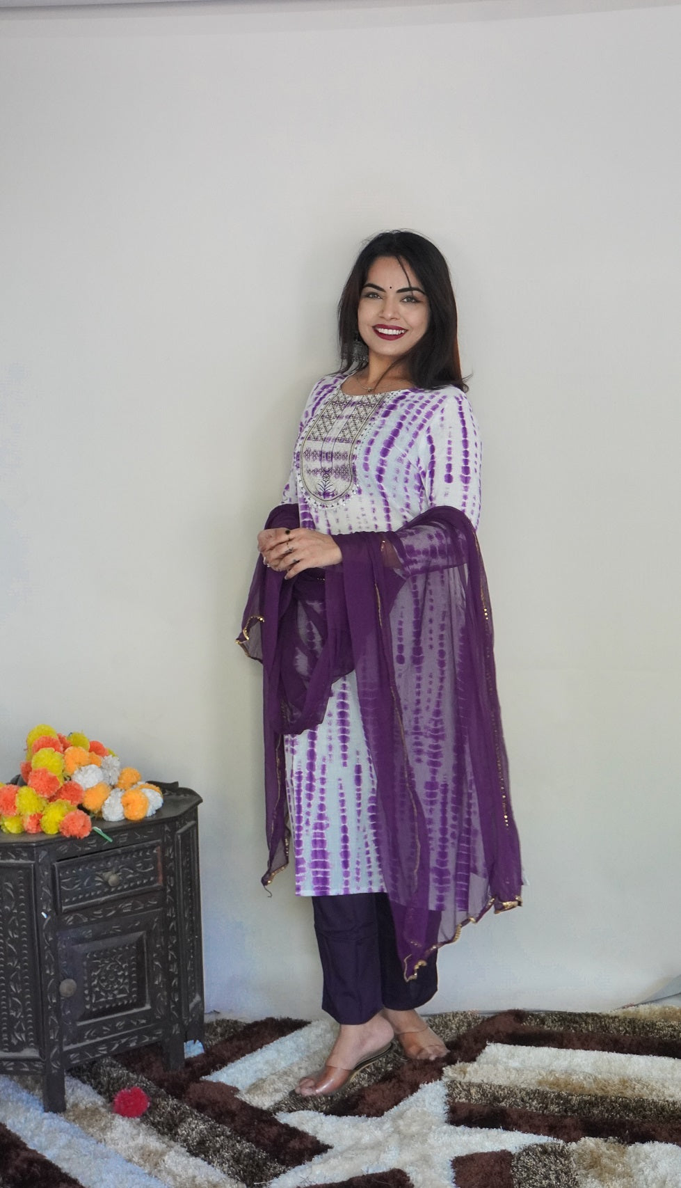 NOZ2TOZ Women Party Wear Printed Rayon Kurta With Pant And Dupatta Set - White & Purple