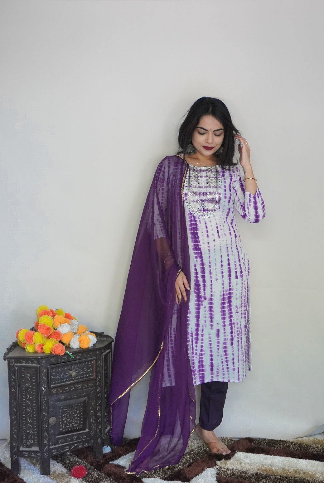 NOZ2TOZ Women Party Wear Printed Rayon Kurta With Pant And Dupatta Set - White & Purple