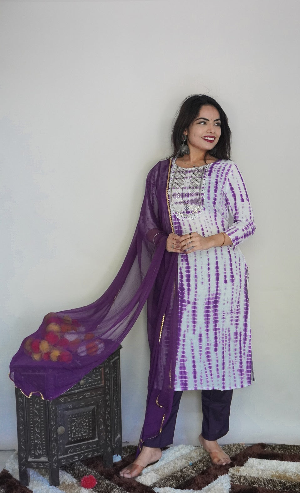 NOZ2TOZ Women Party Wear Printed Rayon Kurta With Pant And Dupatta Set - White & Purple